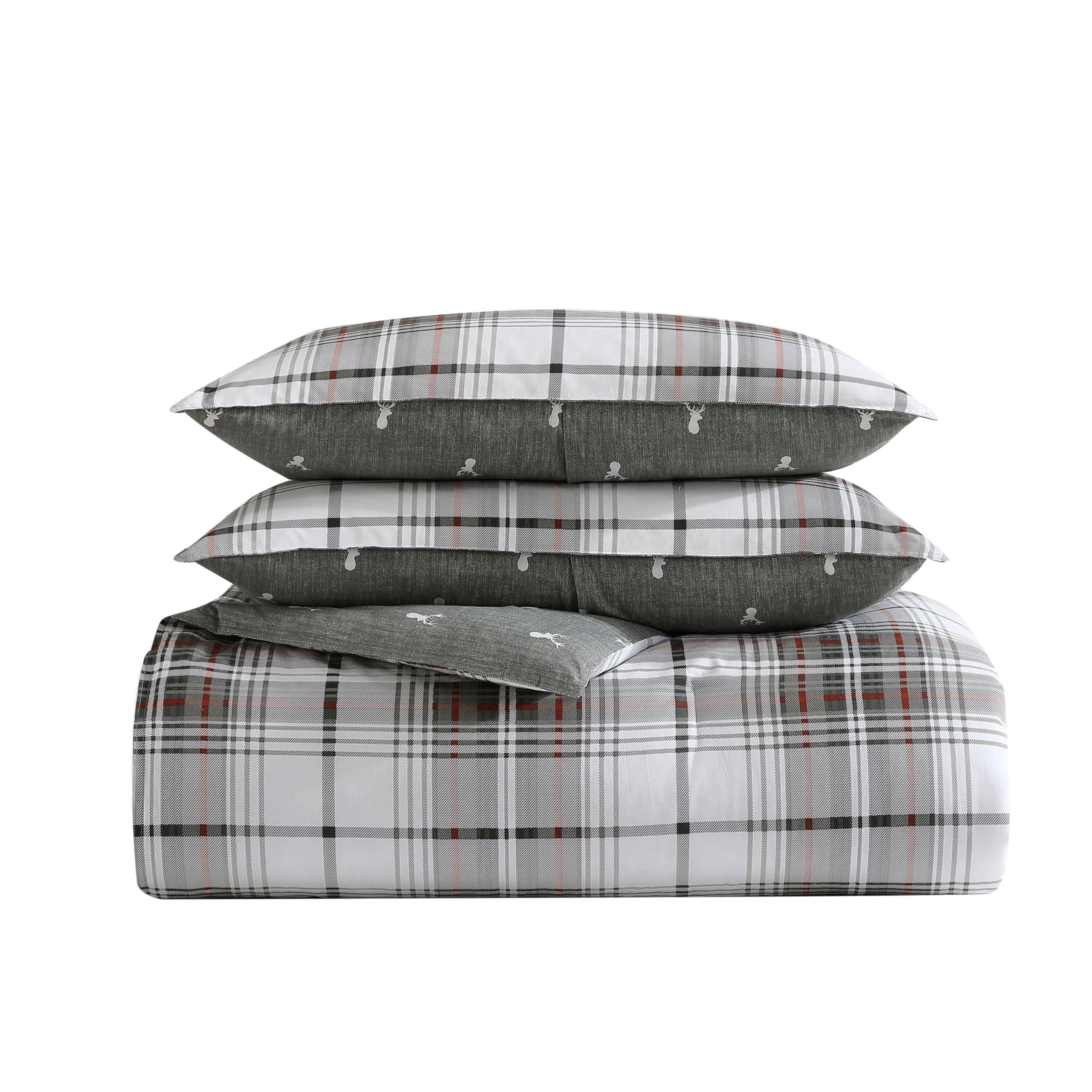 Eddie Bauer - King Comforter Set, Reversible Cotton Bedding with Matching Shams, Plaid Home Decor (Alder Red/Grey, King)