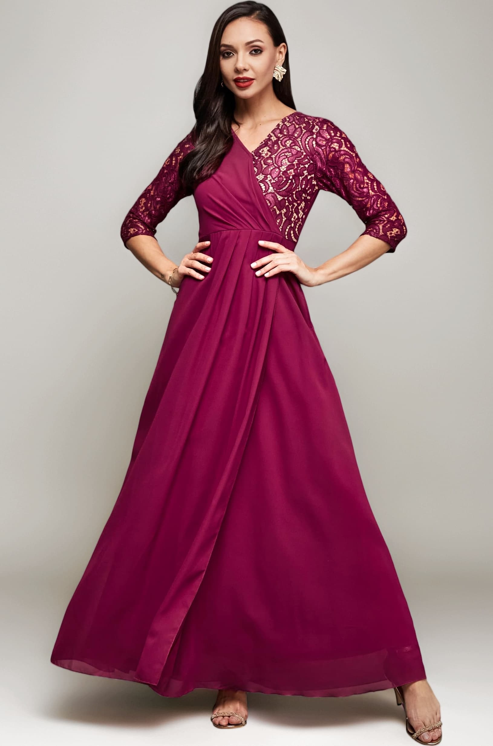 Miss Chase Women's V-Neck Three-Quarter Sleeve Self-Designed Wrap Maxi Georgette Dress