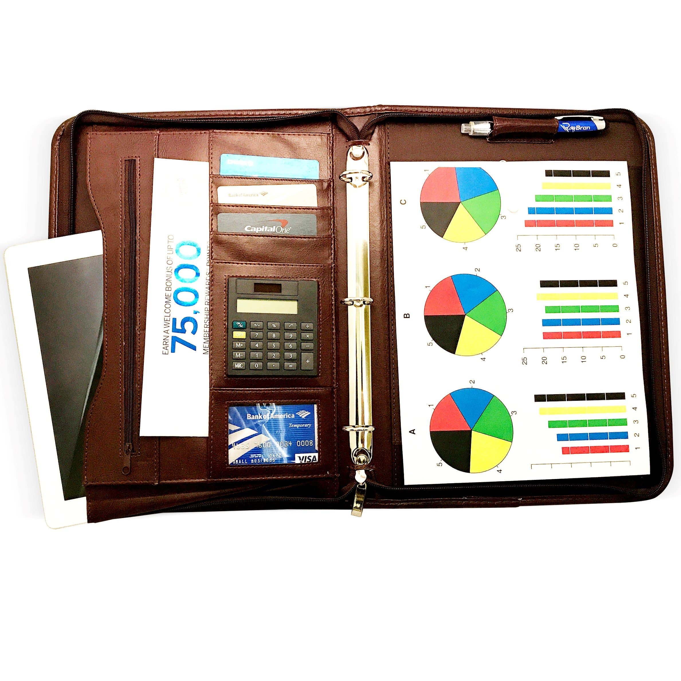 (Upgraded Fall 2018) Zippered Executive 3 Ring Leather Portfolio Binder Organizer Padfolio with Writing Notepad Planner, Solar Calculator, LED Pen and Carrying Handle for Business Professional (Brown)