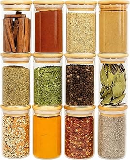 12 Natural Bamboo Spice Jars - 8.5oz Large Glass Jars with Airtight Bamboo Lids - Spice Organization