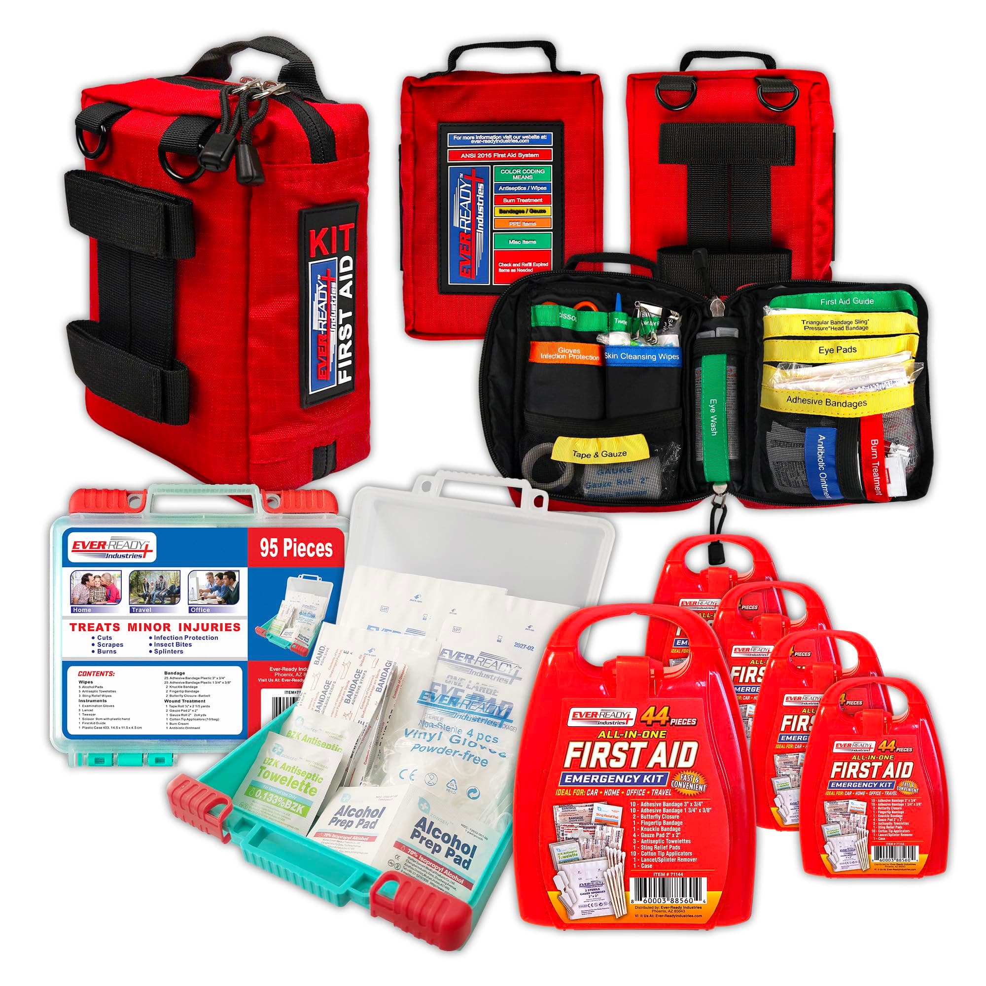 Every-Ready Industries Ultimate First Aid Bundle: Full Family Pack of 6 Kits, Including 4 Compact Mini Kits, a Resilient Outdoor/Workplace Kit That Exceeds ANSI Standards Plus an All-Purpose Home Kit
