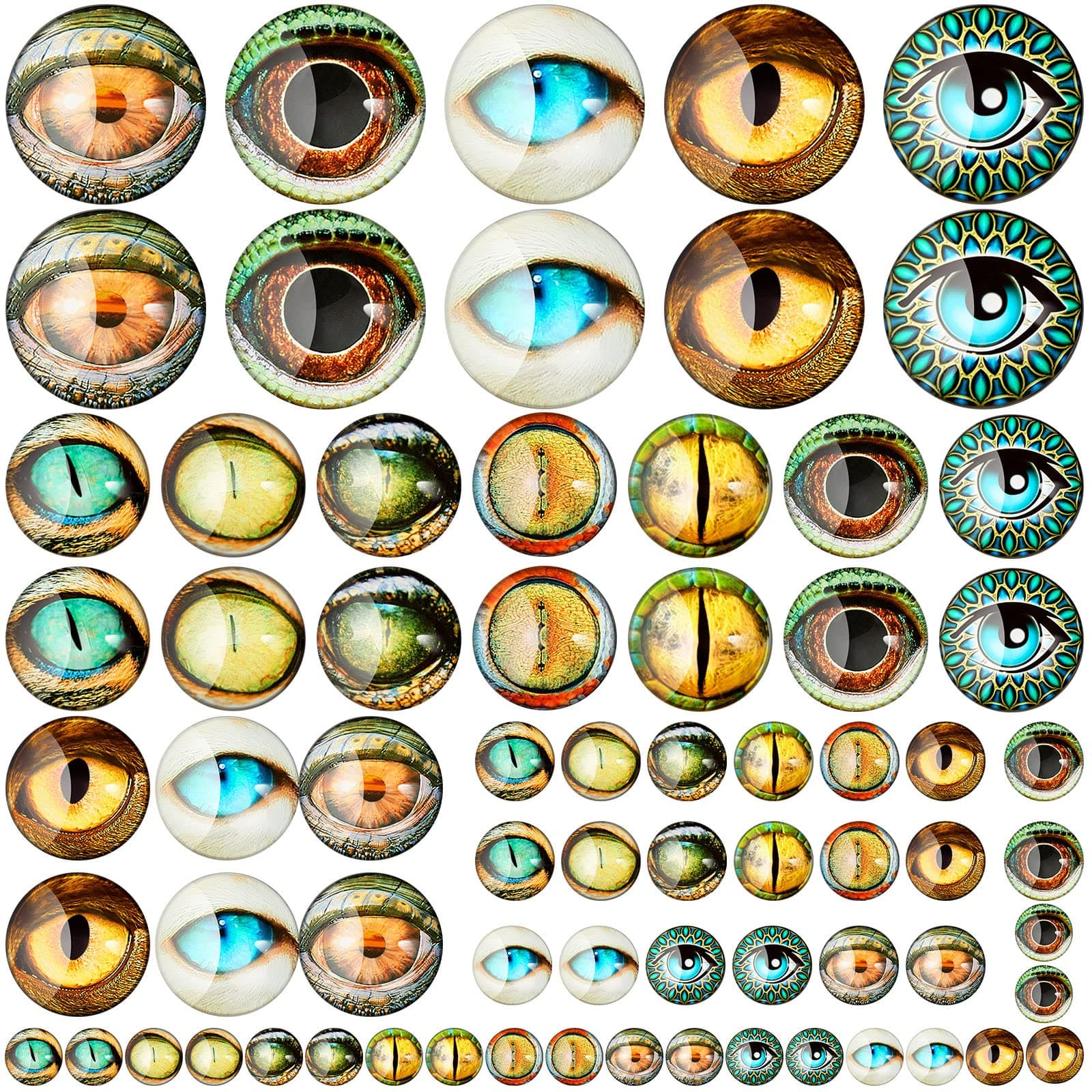 Zomiboo 70 Pcs 40/25/16/8 mm Large Assorted Dragon Glass Eyes Halloween Mixed Printed Cabochon Animal Eyes 4 Sizes Cabochons for Doll Props Craft DIY Jewelry Making Toys Supplies(Modern Style)