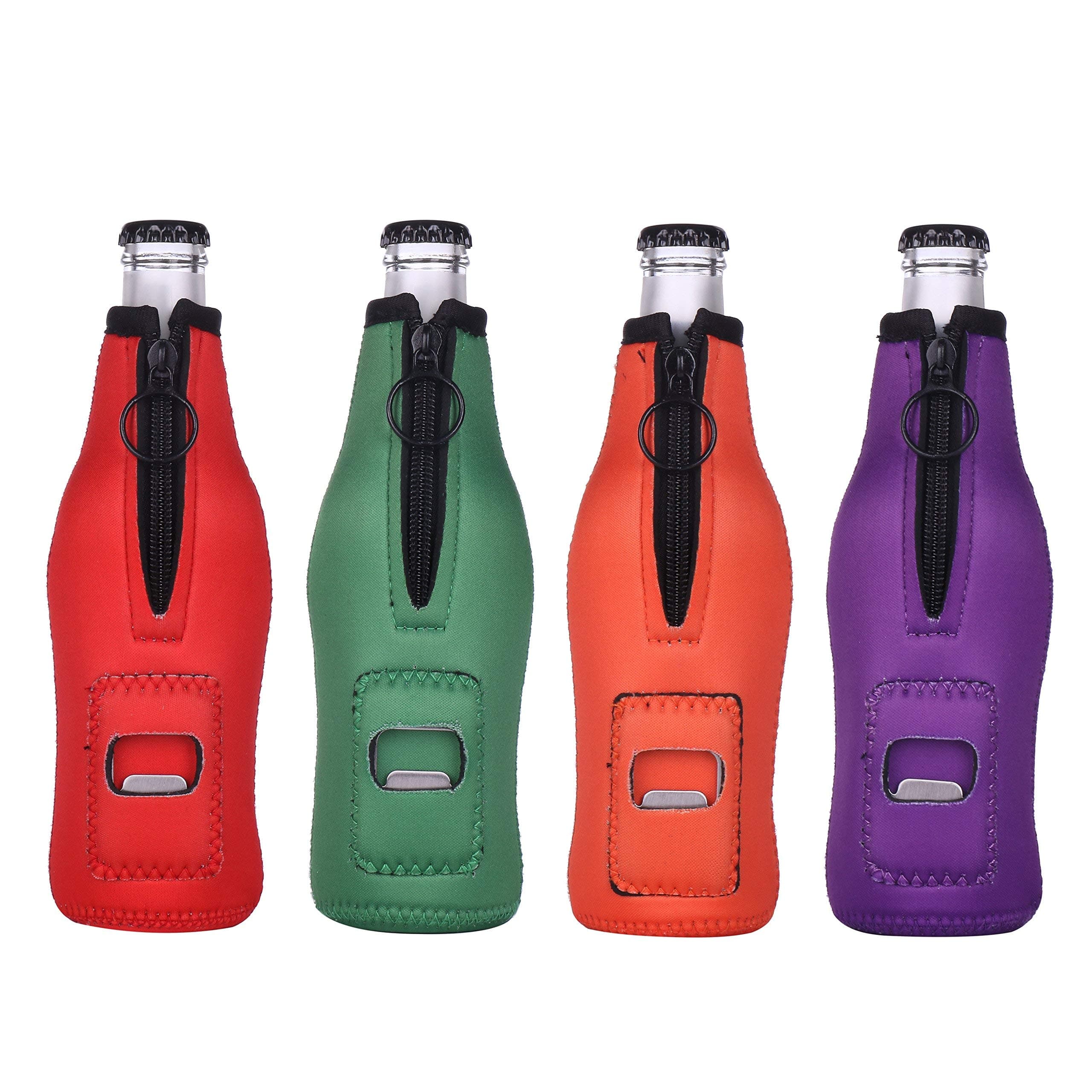 Beer Bottle Insulator Sleeve Keeps Beer Cold and Hands Warm, Pack of 4. Built in Bottle Opener