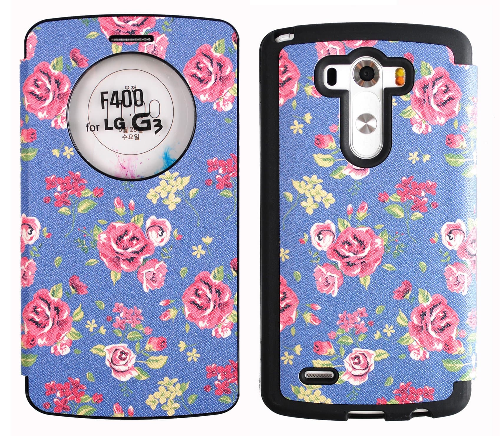 [Blue Rose] Floral [Quick Circle View] Bumper Case G3 PU Leather Flip Cover Magnetic closure Anti Shock FREE Screen Protector For LG G3