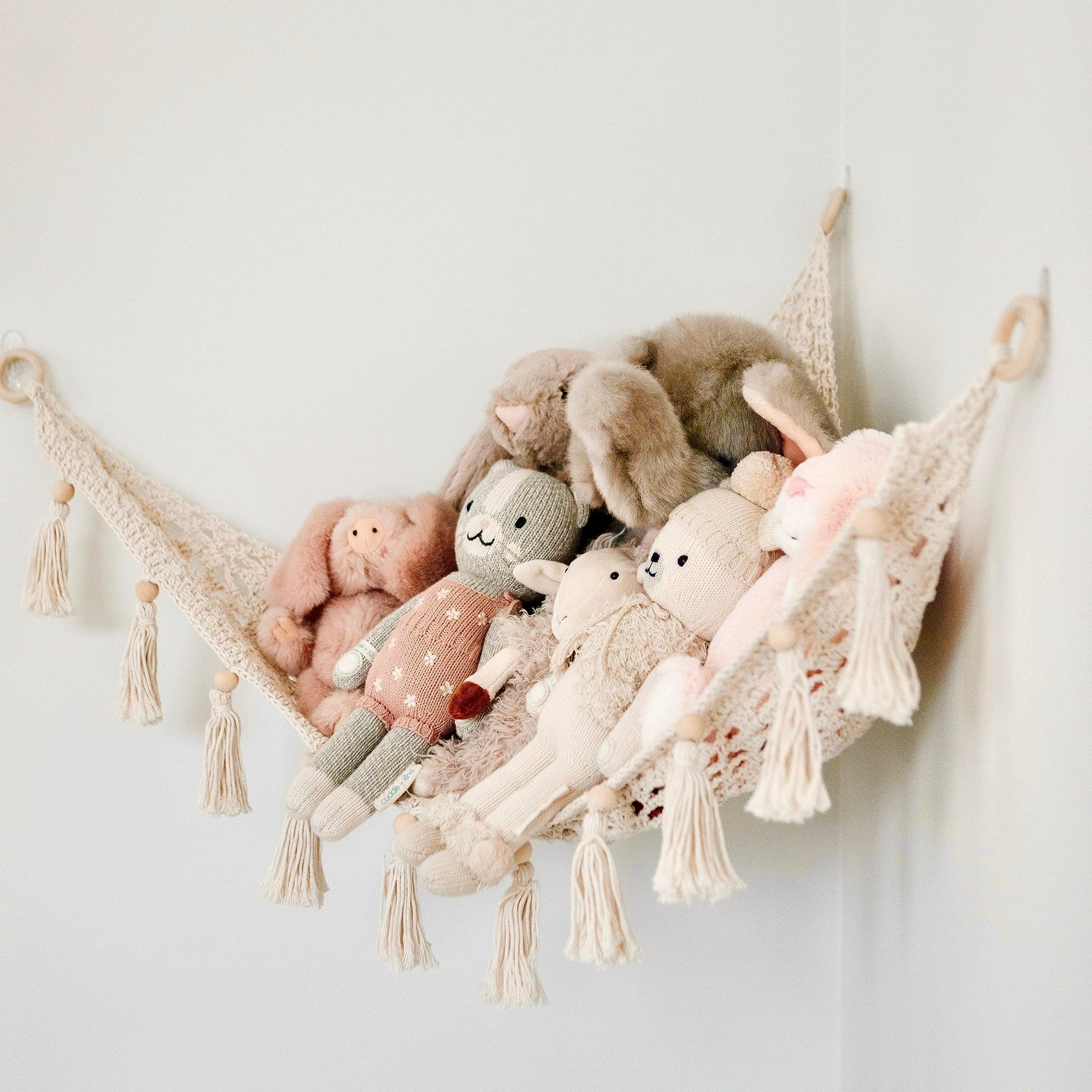 Macrame Hanging Net for Stuffed Toys - Corner Hammock Organizer for Plush Animals, Buttercream