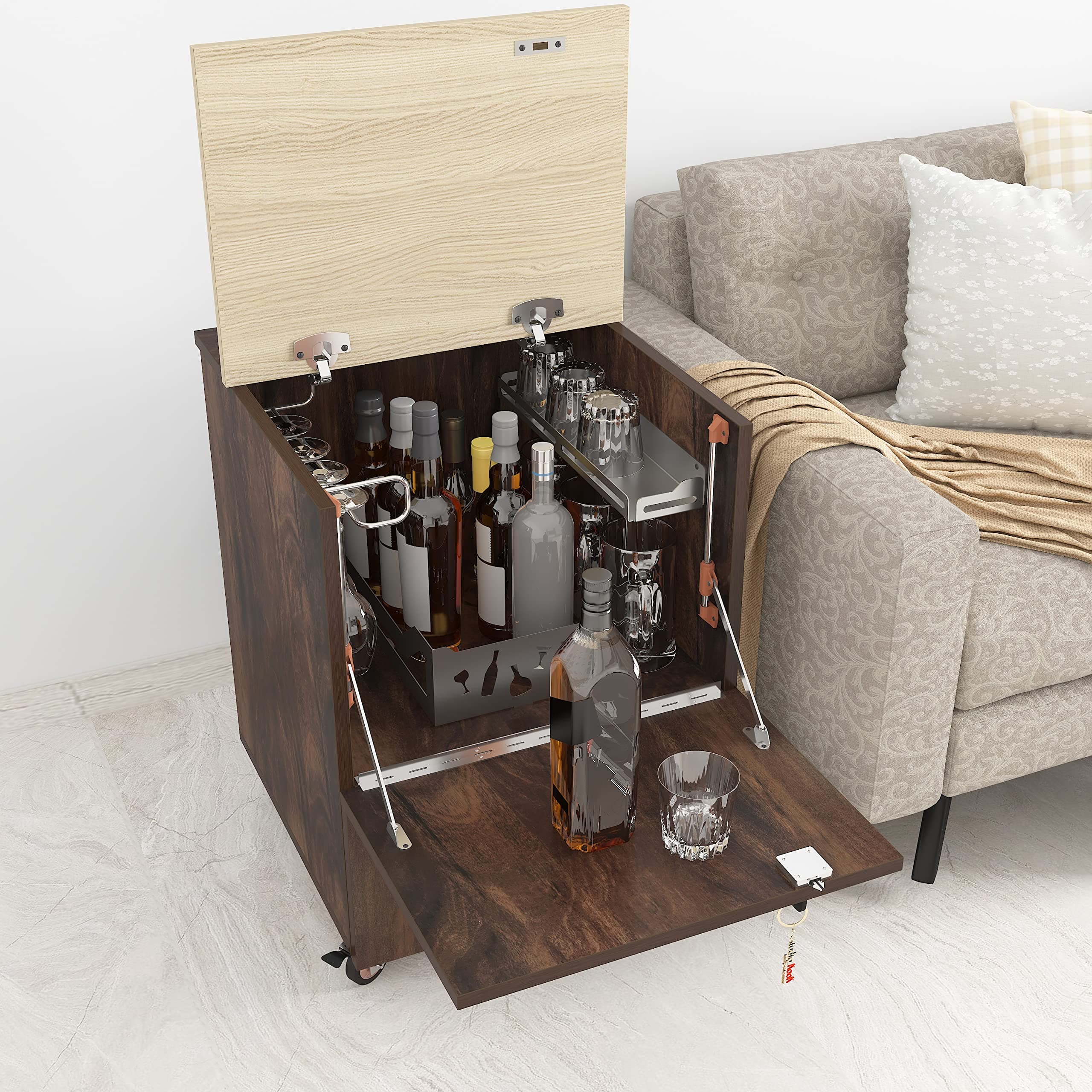 Studio Kook Curio Mini Bar on Wheels | Engineered Wood Bar Cabinet, Delivered Preassembled (Junglewood, Matte Finish)