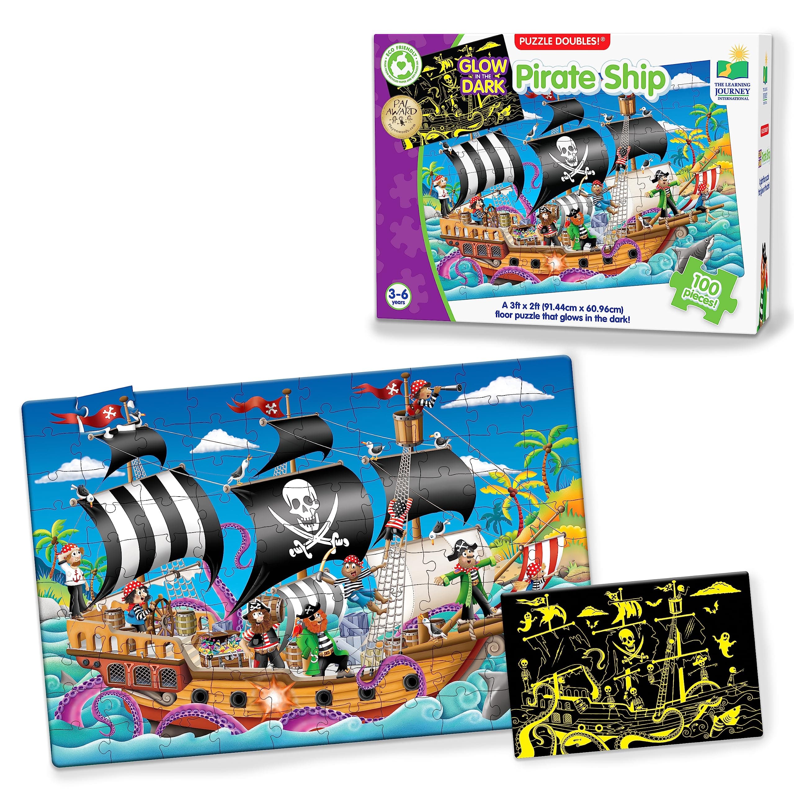Puzzle Doubles Glow In The Dark - Pirate Ship - 100 Piece Glow In The Dark Preschool Puzzle (3' X 2') - Educational Gifts for Boys & Girls Ages 3 & Up, Multi (113851)