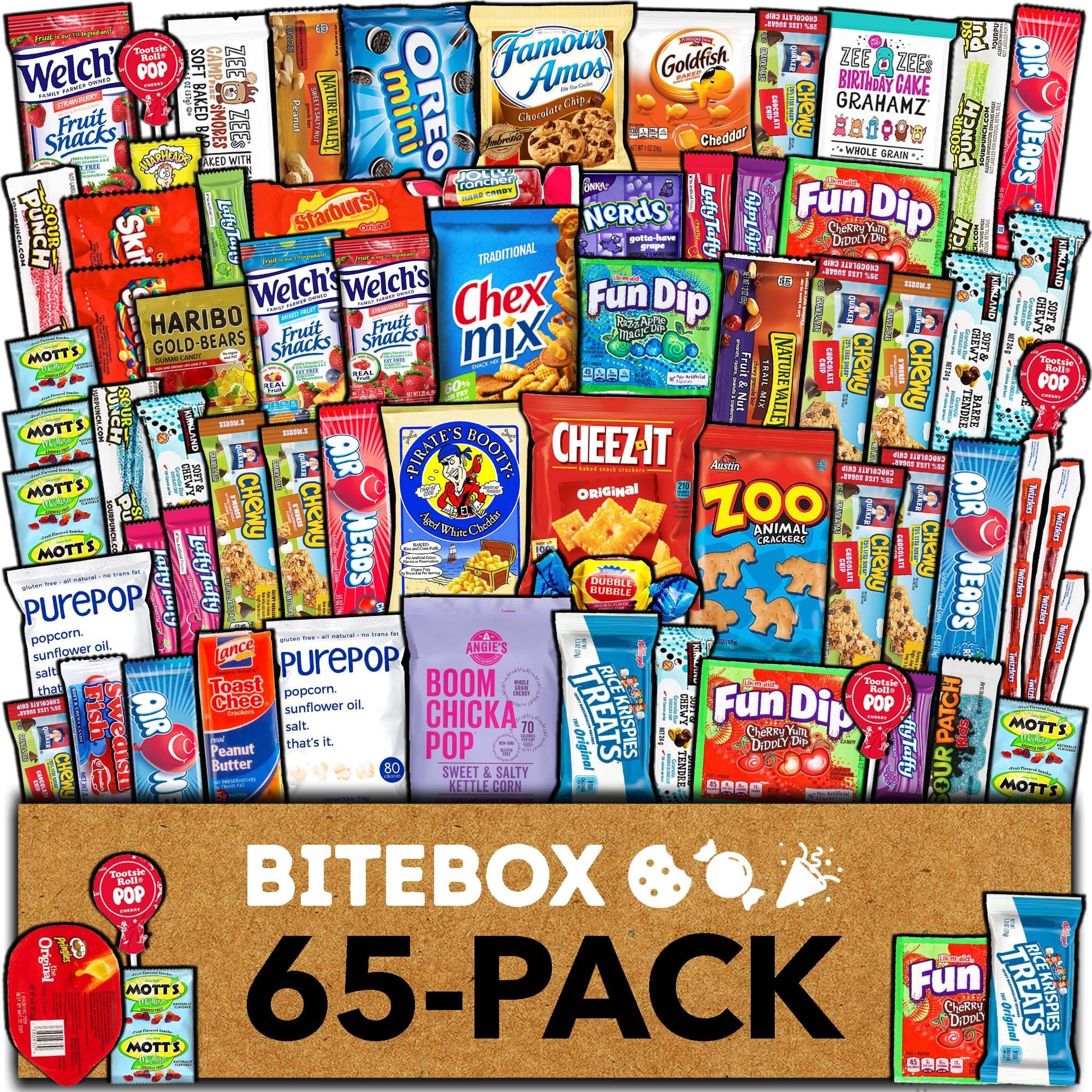 BITEBOX Snack Box (65 Count) Easter Variety Pack Care Package Gift Basket Adult Kid Guy Girl Women Men Birthday College Student Office School