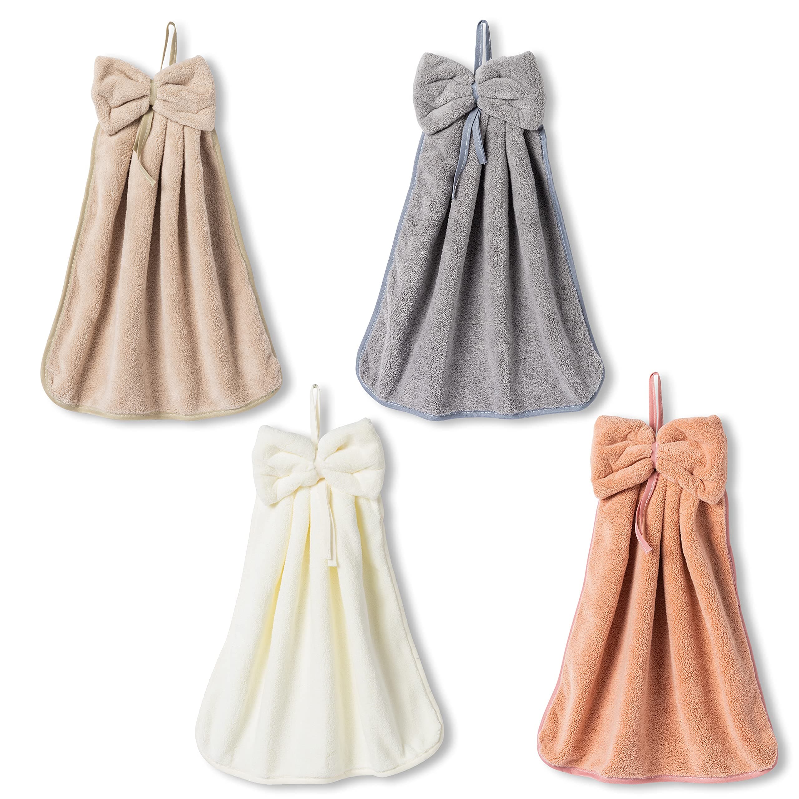 4Pcs Hand Towels with Hanging Loop Bow Hand Towels Soft Absorbent Coral Hanging Kitchen Towels Bundle Dish Cloth Dry Hand Towels Hanging Bath Towels for Kitchen Bathroom