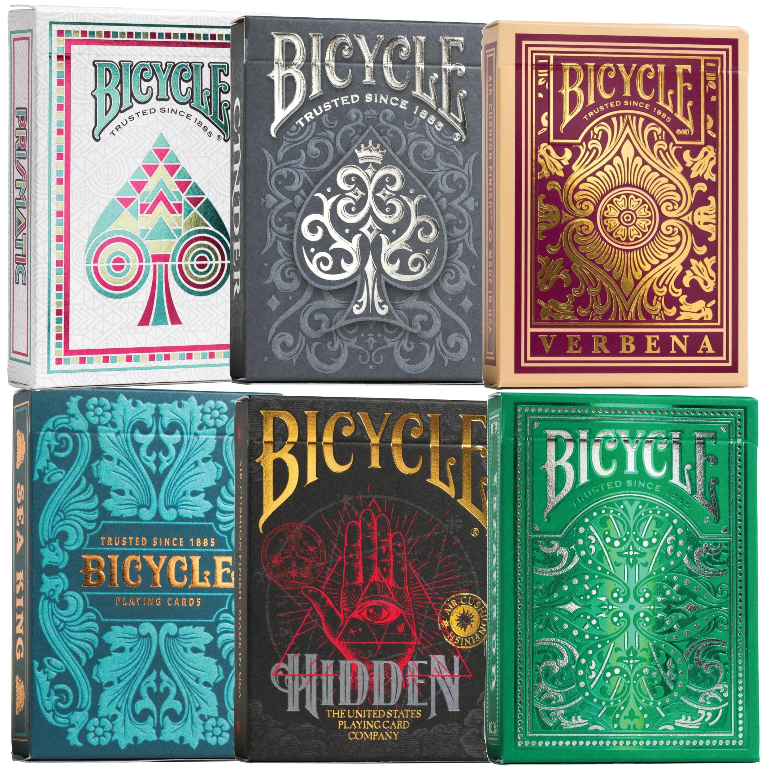 Bicycle Collector's Edition: 6-Deck Bundle Featuring Jacquard, Sea King, Hidden, Cinder, Verbena and Cold Foil Prismatic Decks