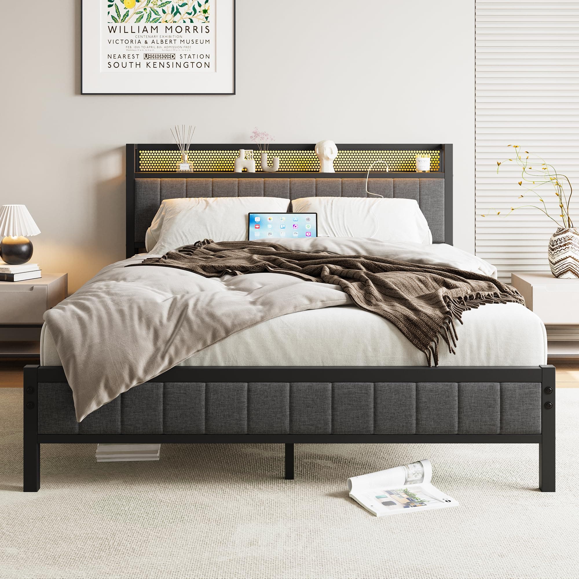 King Size Bed Frame with Storage Wooden Headboard,Charging Station,LED Lights,Metal Platform Upholstered Bed Frame King Size Bed Base with Strong Metal Slats,Mattress Base,Noise Free,Grey