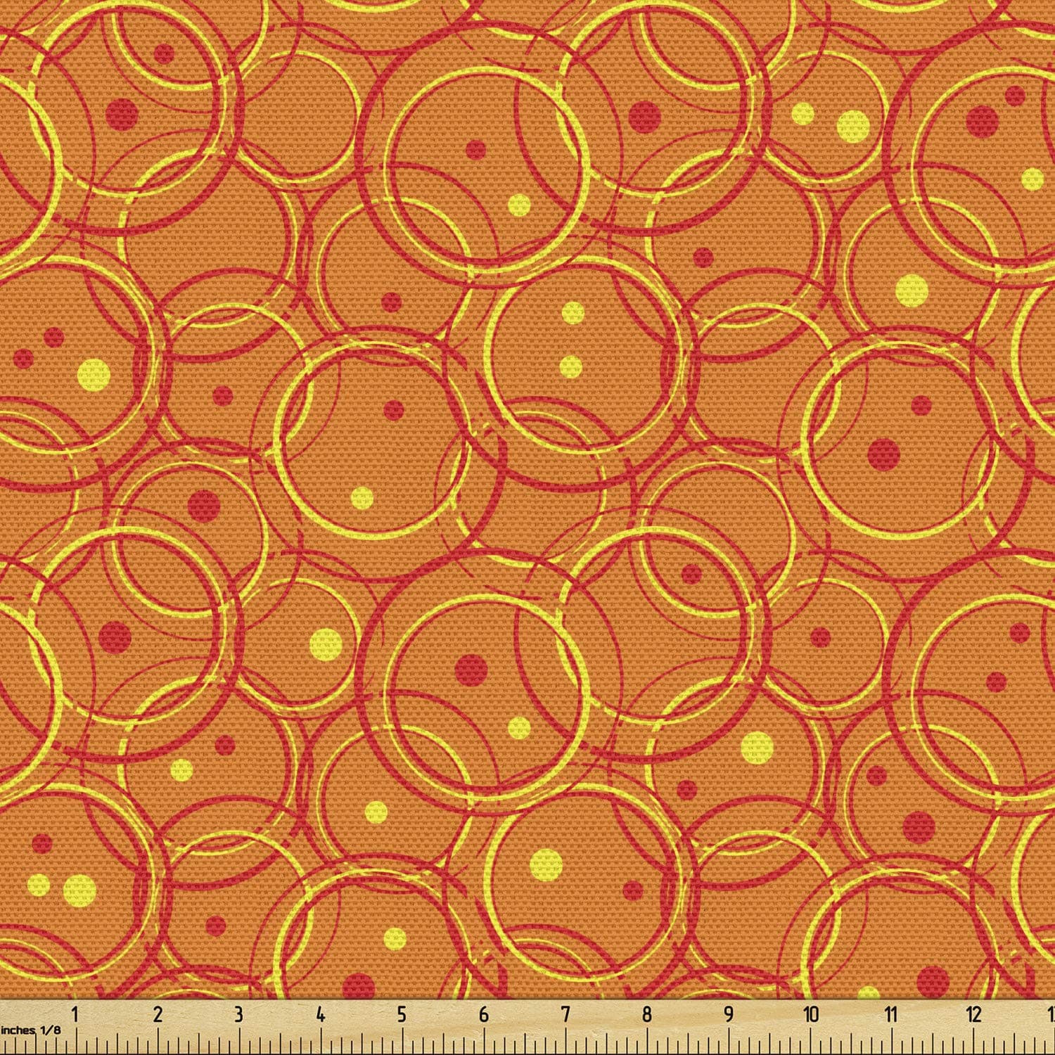 Lunarable Burnt Orange Fabric by The Yard, Abstract Circle Patterns in Vibrant Colors Retro Dotted Background, Decorative Fabric for Upholstery and Home Accents, 5 Yards, Orange Yellow