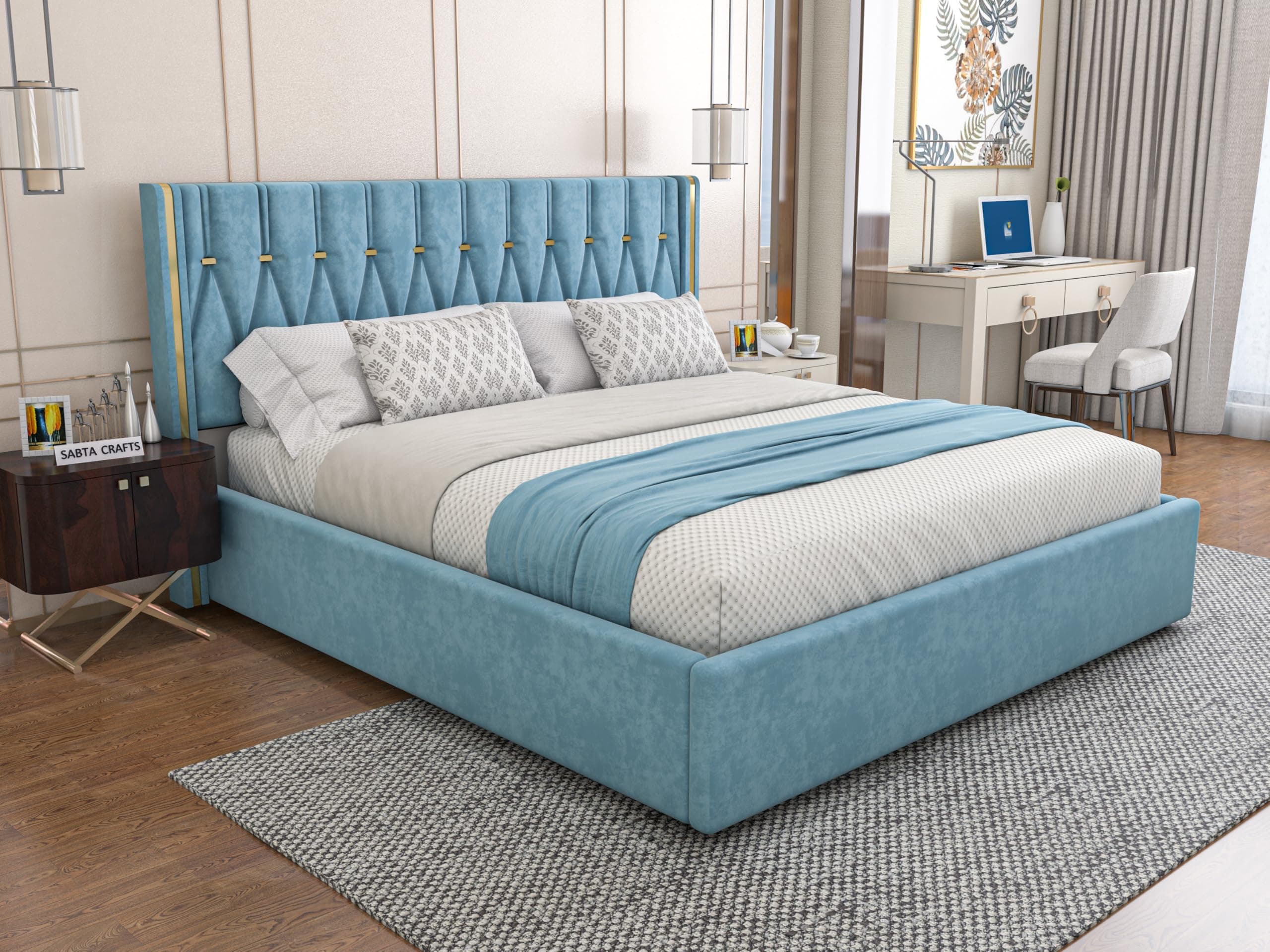 Modern Upholstered King Size Bed with Box Storage for Bedroom | Wooden Double Bed with Storage | Platform Cot Bed with Upholstery Premium Fabric | Sheesham Solid Wood, (Blue) | 6.5 x 6 Ft