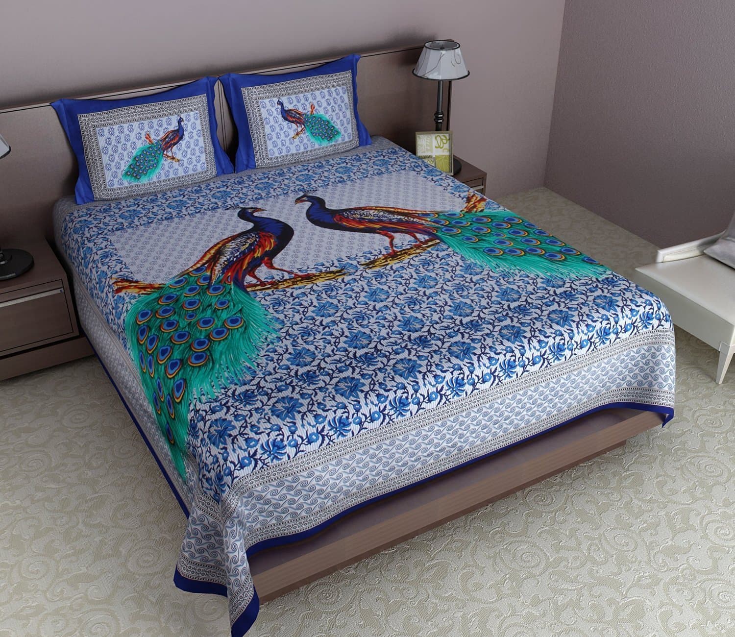 Oxy Peacock Print King Size Bedsheet 100% Cotton Blue