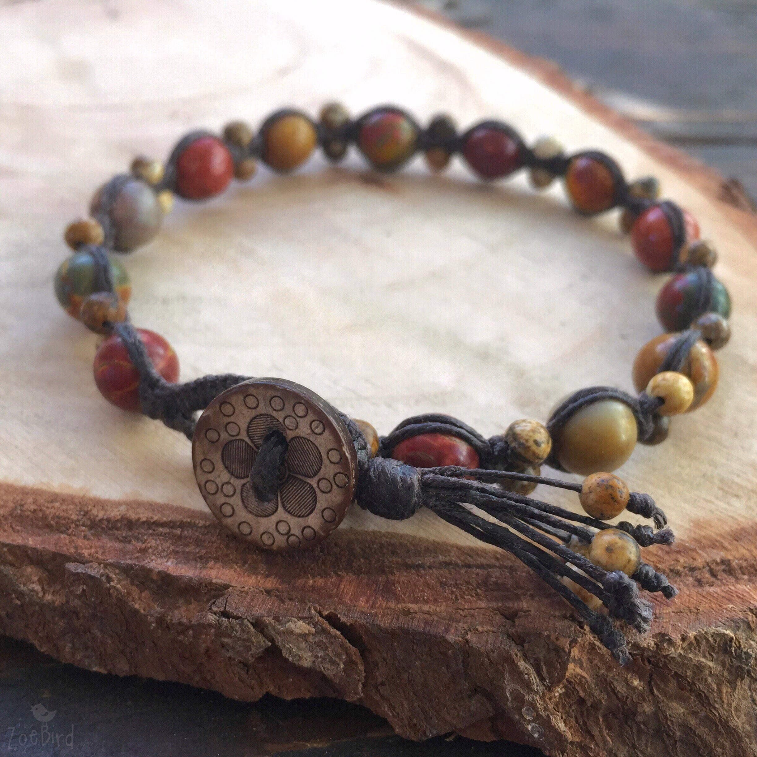 Jasper Macrame Bracelet with Coconut Shell Button (Flower Design)
