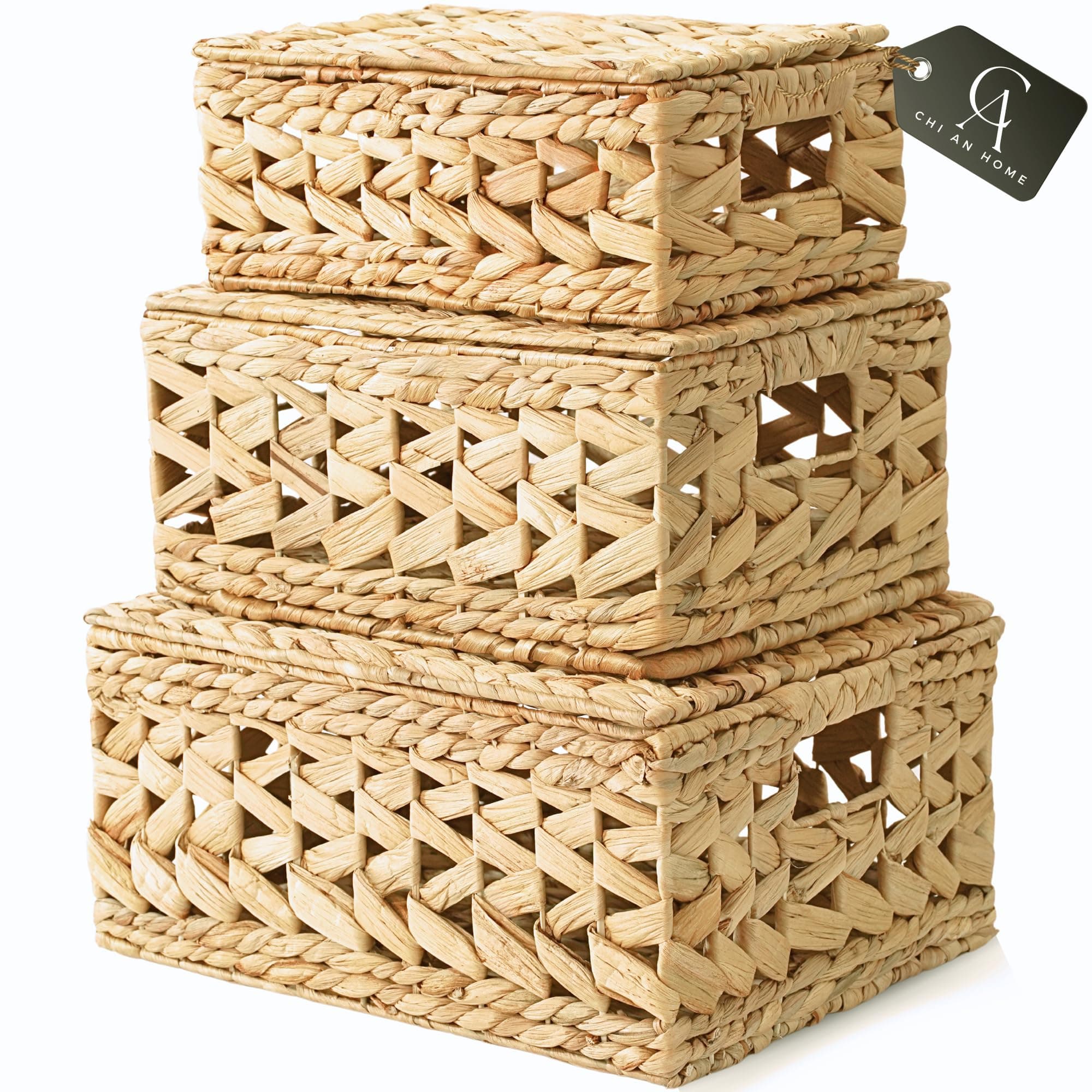 Chi An Home Wicker Storage Baskets with Lids, Set of 3 Lidded Hyacinth Baskets for Organizing, Rectangular, Brown