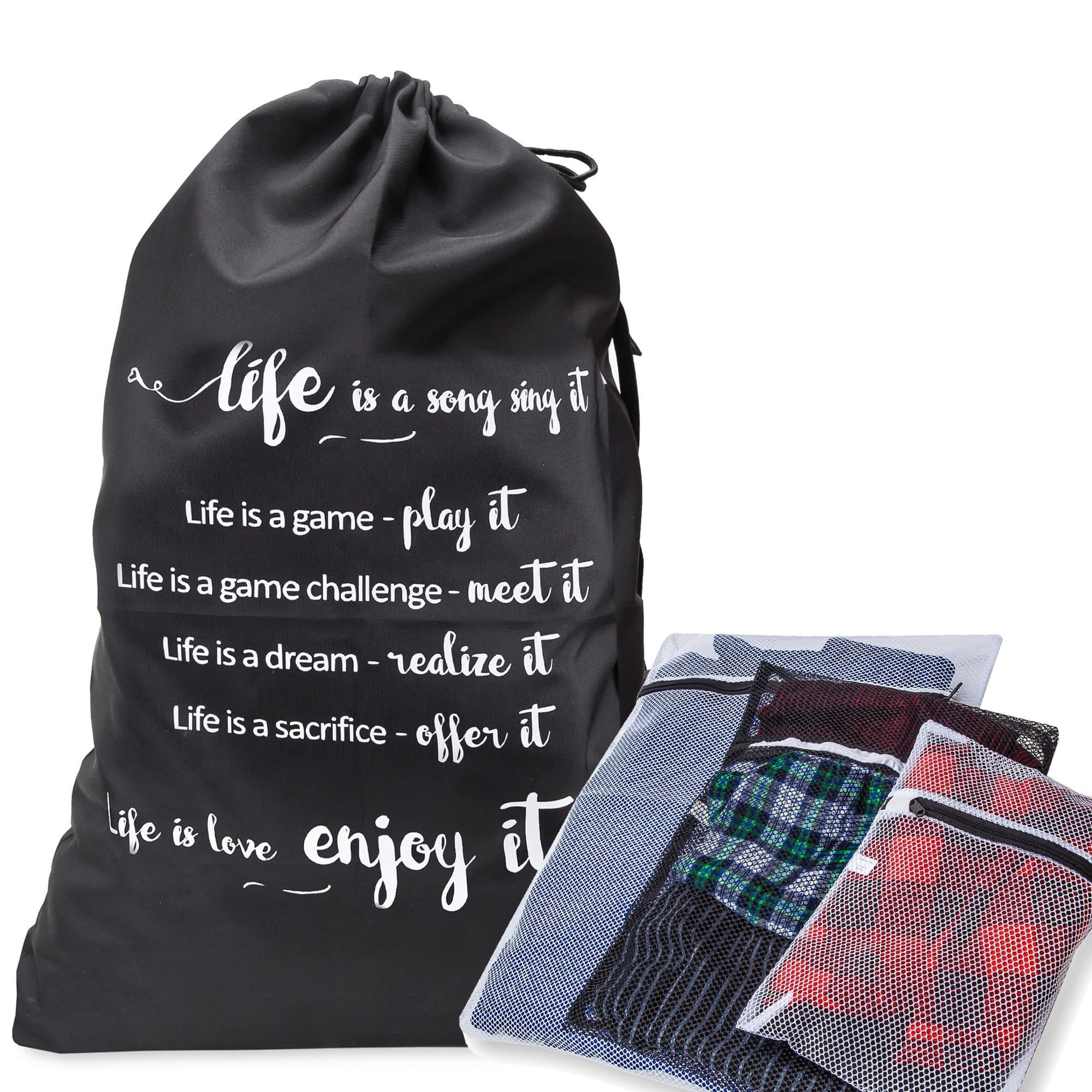 Designed Laundry Bag Heavy Duty Material with Drawstring and Shoulderstrap - Combined with 3 Mesh/Wash Bags For Lingerie/Underwear - Perfect For College Laundromat and Household Storage