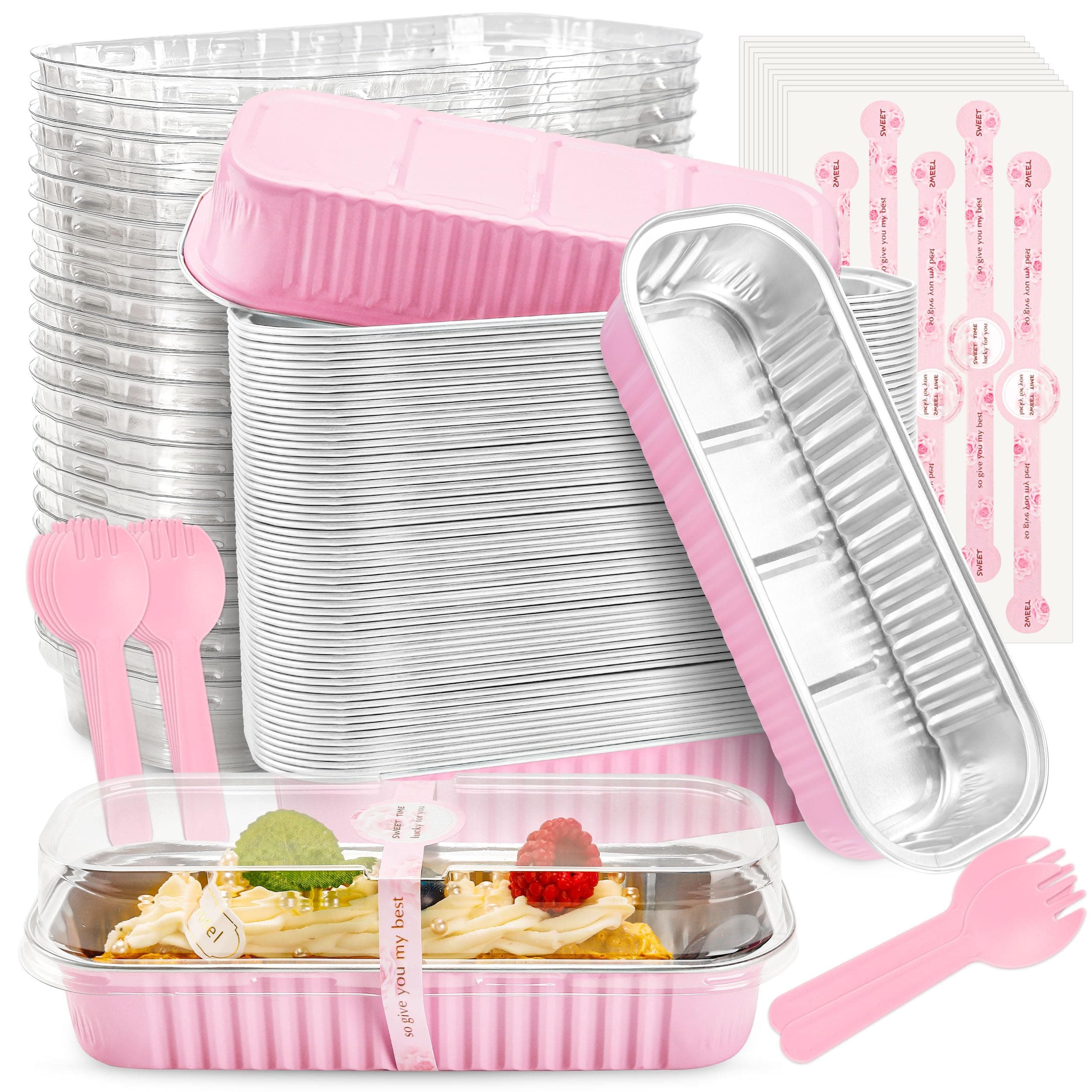 NPLUXMini Loaf Pans with Lids and Spoons Rectangular Aluminum Foil Baking Pans Mini Cheesecake Containers 6.8oz(60 Pack, Pink)