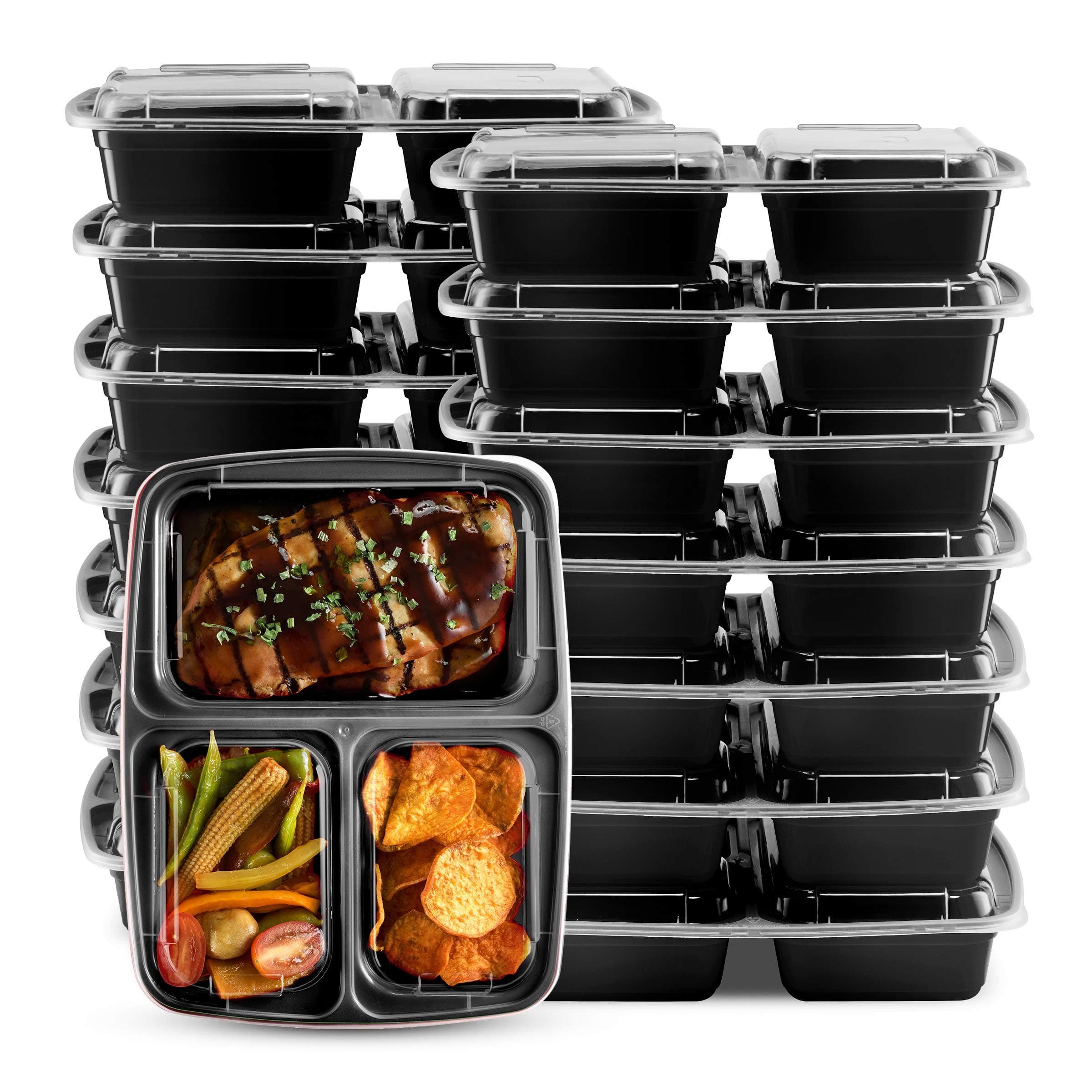 10 Sets | Meal Prep Plastic Food Containers 3 Compartment with Lid - Microwave and Dishwasher Safe