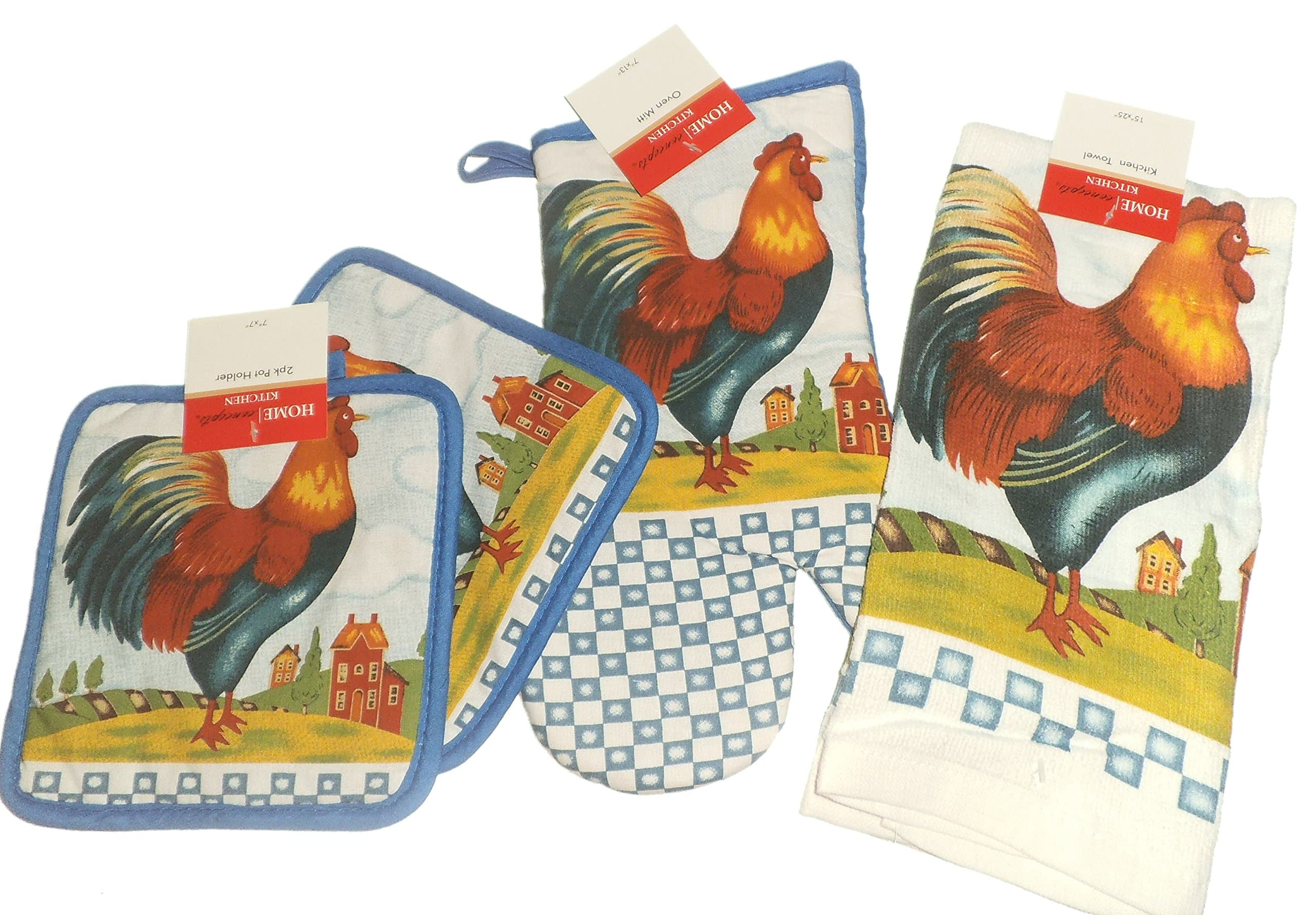 4 Piece Rooster Country Blue Check Design Kitchen Set with 2 Potholders, 1 Oven Mitt & a Towel