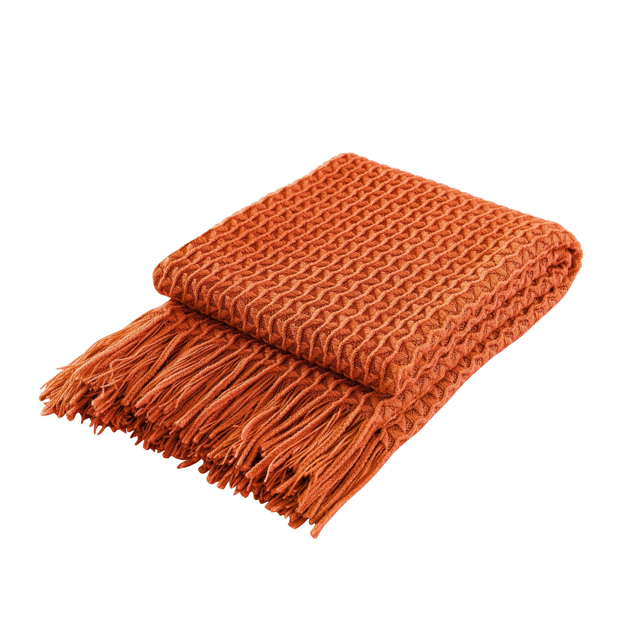 Super Soft Decorative Knit Throw Blanket for Sofa Couch Chair Bed, Lightweight Travel Blanket Nap Throw, Cashmere-like Soft and Cozy, Delicate Weave Pattern with Fring,Orange,127x152cm
