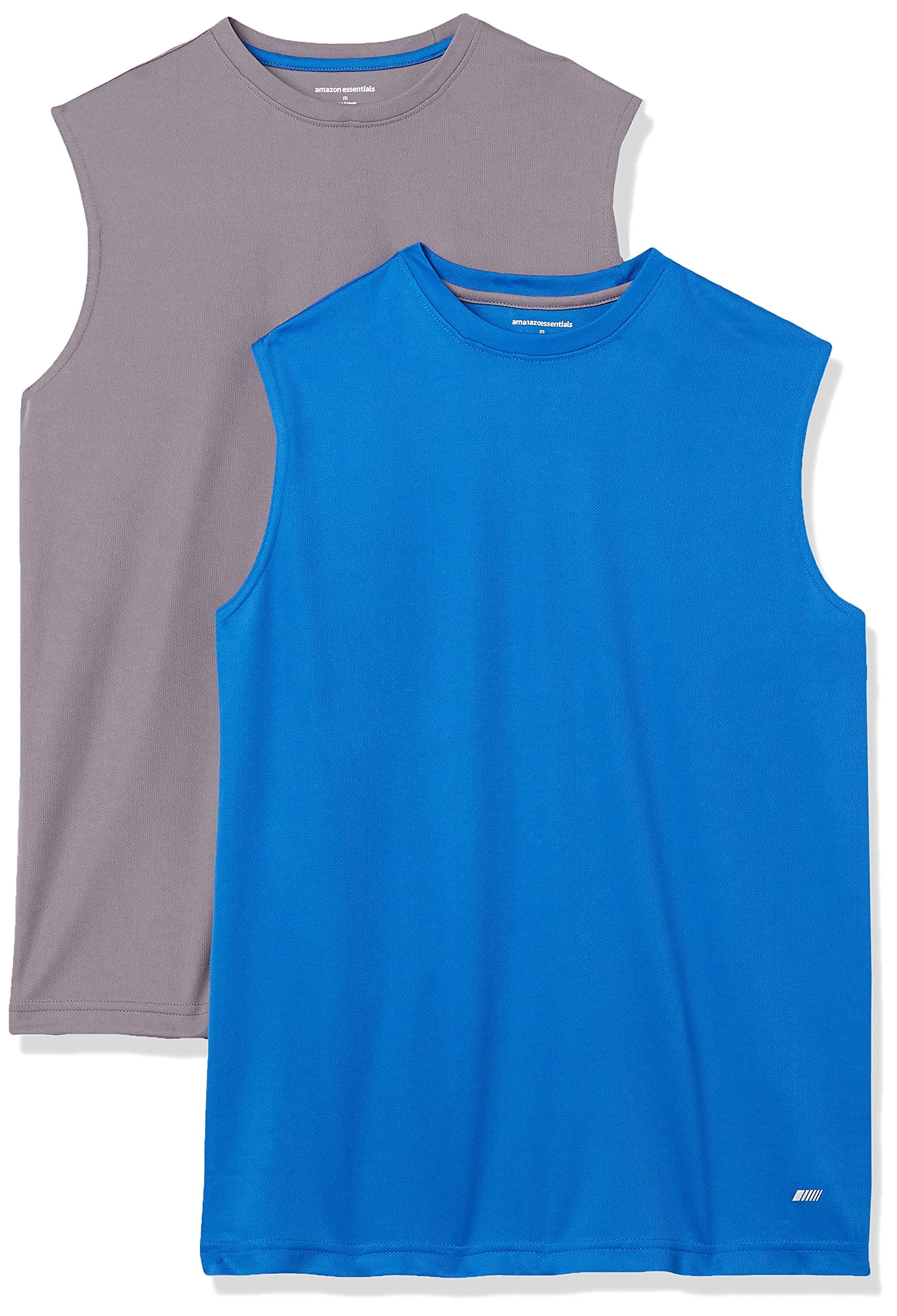 Amazon EssentialsMen's Performance Tech Muscle Tank T-Shirt, Pack of 2, Medium Grey/Royal Blue, Large