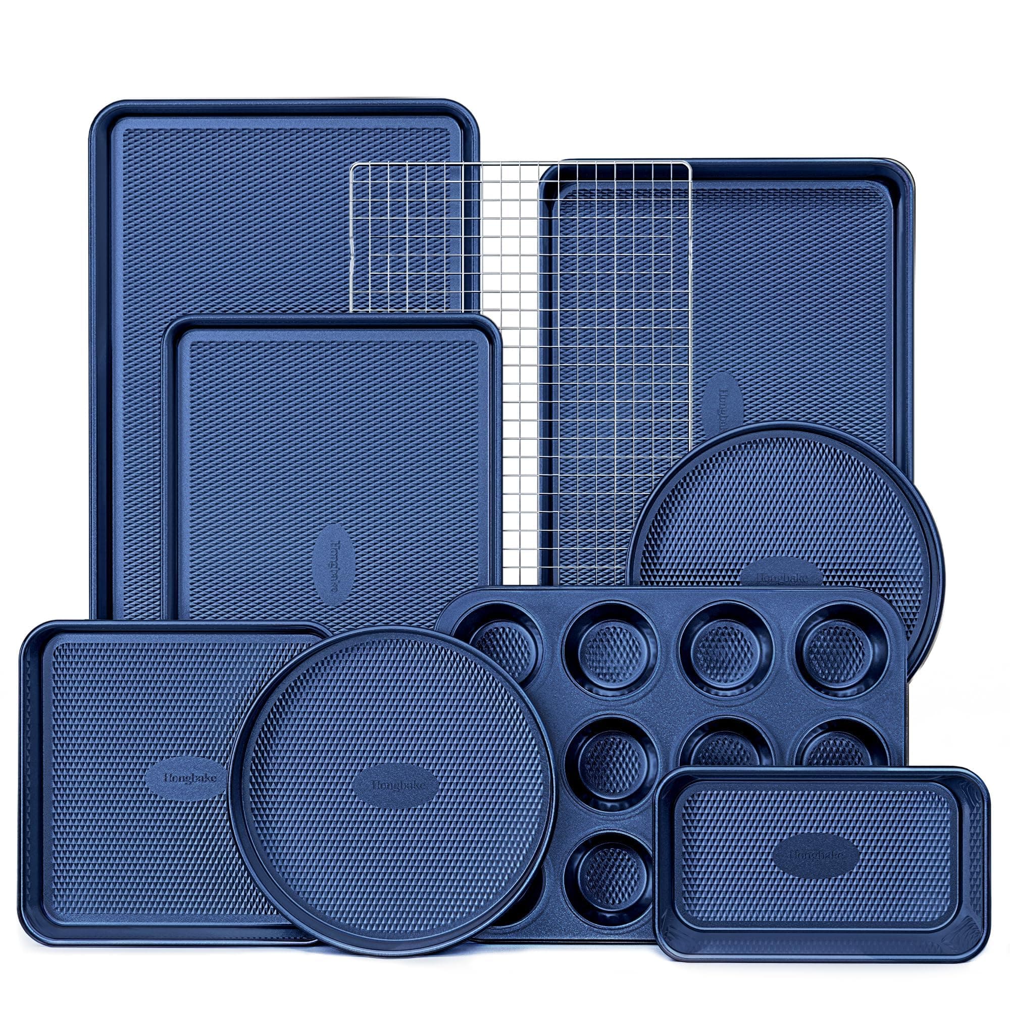 9-Piece Baking Pans Set Nonstick, Stackable Non Toxic Bakeware Sets with Diamond Texture, Oven Pan Set for Cooking, Includes Cookie Sheet with Rack, Cake Pan, Roasting Pan, Muffin Tin, Blue
