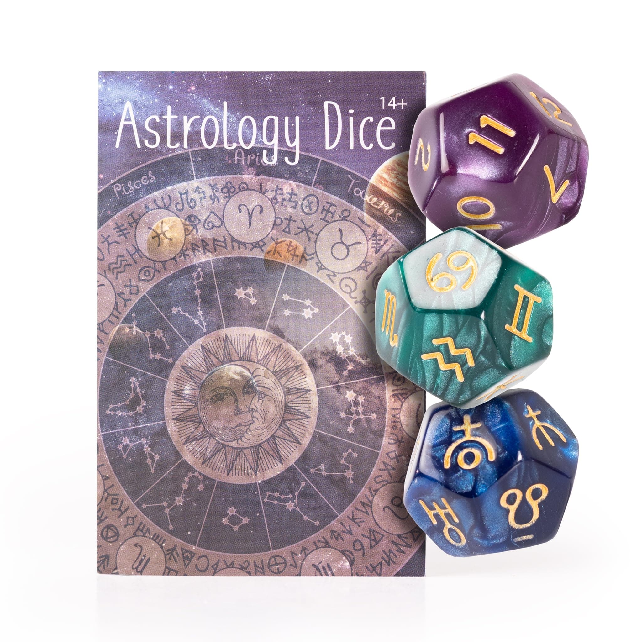 Kalan 3-Piece Astrology 12-Sided DND Dice Set - Fortune Telling Tools to Pair with Tarot Card Readings - Zodiac Astrodice for Beginners and Professionals - Comes with Drawstring Bag and Guidebook