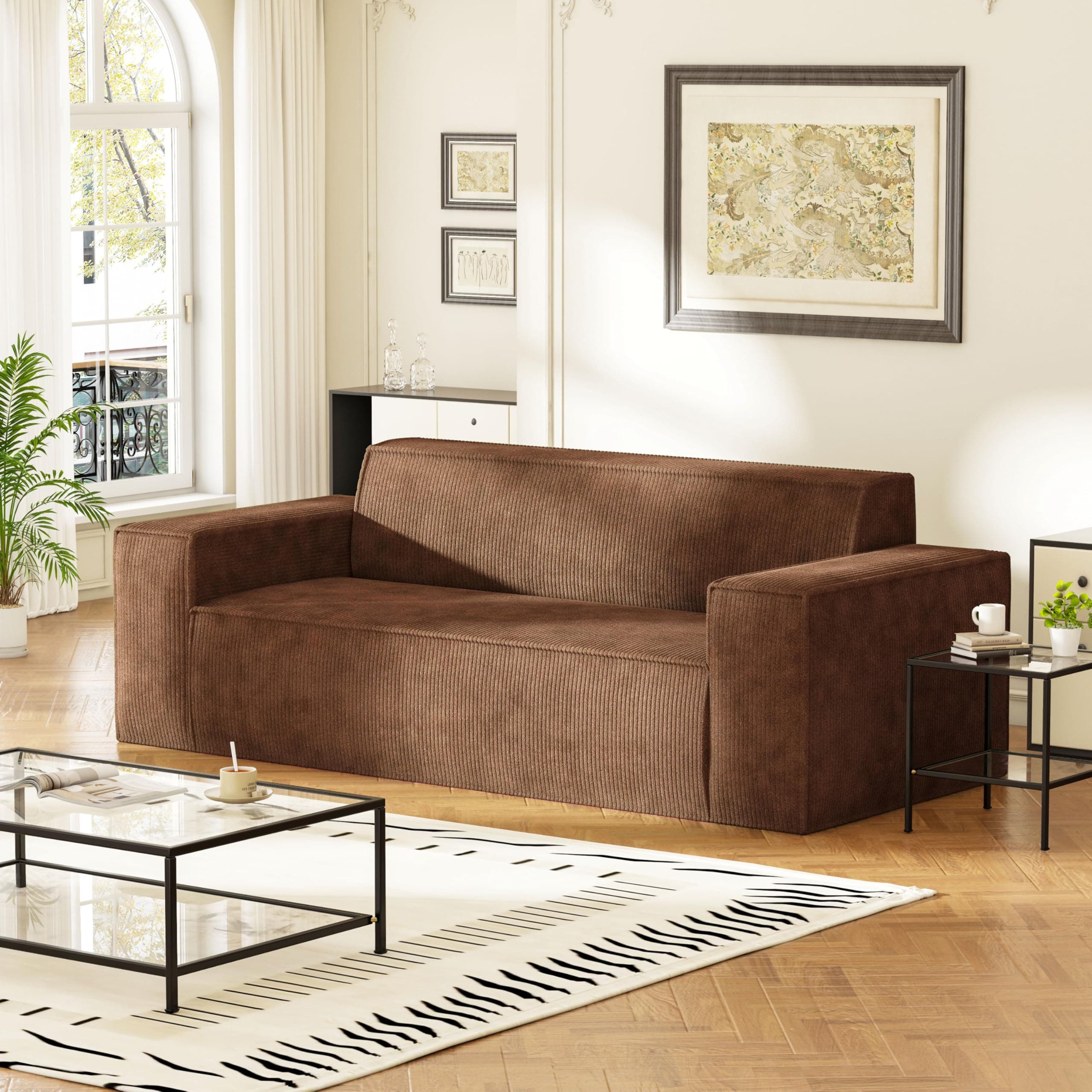 Swbvs Sofa-in-a-Box, Memory Foam 3-Seater Couch, No Installation & Easy to Transport, Deep Seat Modern Sofa with Corduroy Fabric, Couch for Living Room, Bedroom, Apartment, Home Office, Brown