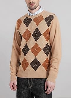 Kallspin Men's Crewneck Argyle Knit Jumpers Wool Blend Long Sleeve Sweater Pullovers