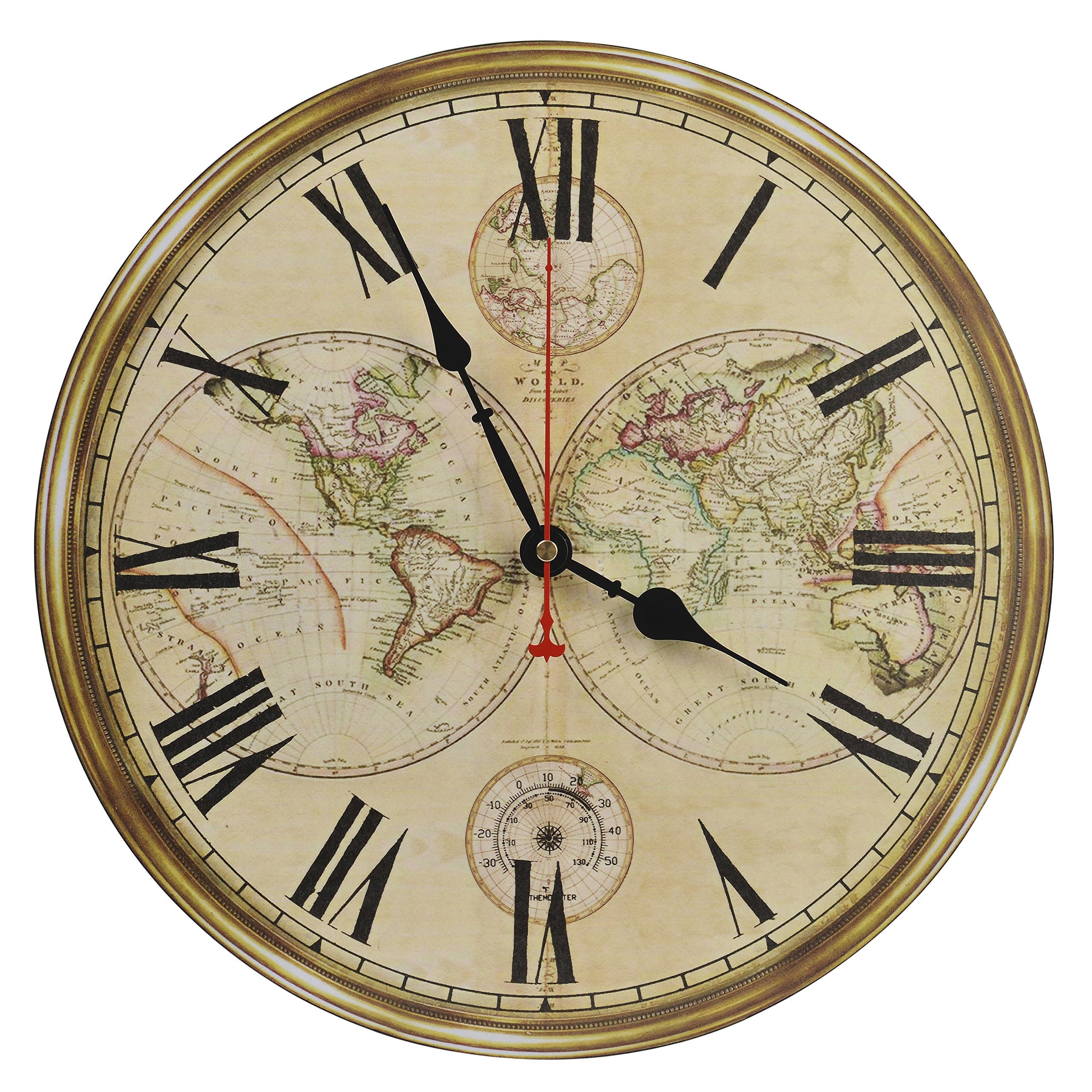 14-Inch Classic Retro World Map Decorative Wall Clock Silent Non-Ticking Round for Kitchen Living Room Bathroom Bedroom Wall Home Decor with Roman Numerals