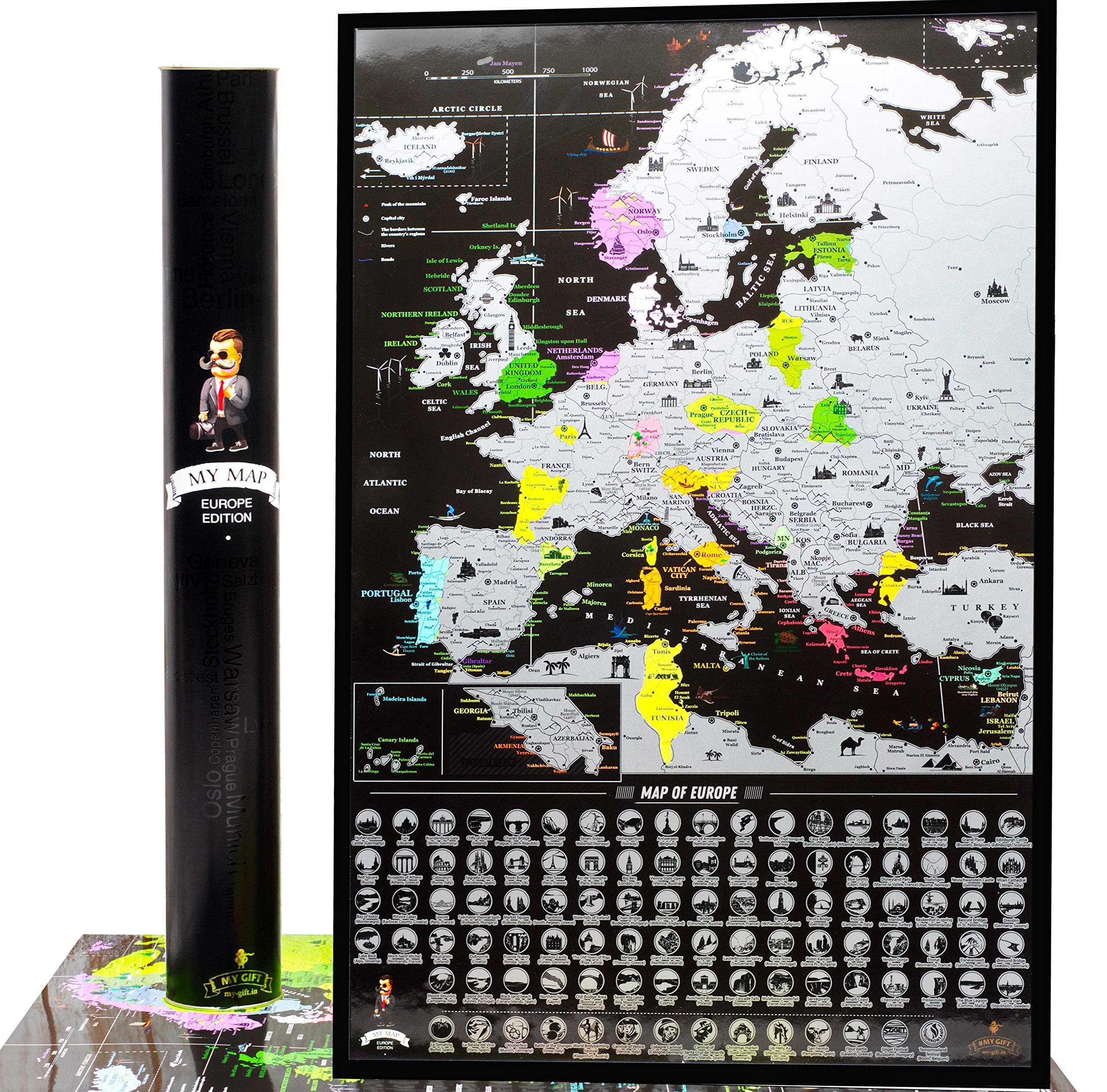 Europe Scratch Off Map Travel map Push pin Map EU Detailed map of Europe travel Wall map with Landmarks Bucketlist scratch off Europe travel map 16x24 Vibrant Black Mymap