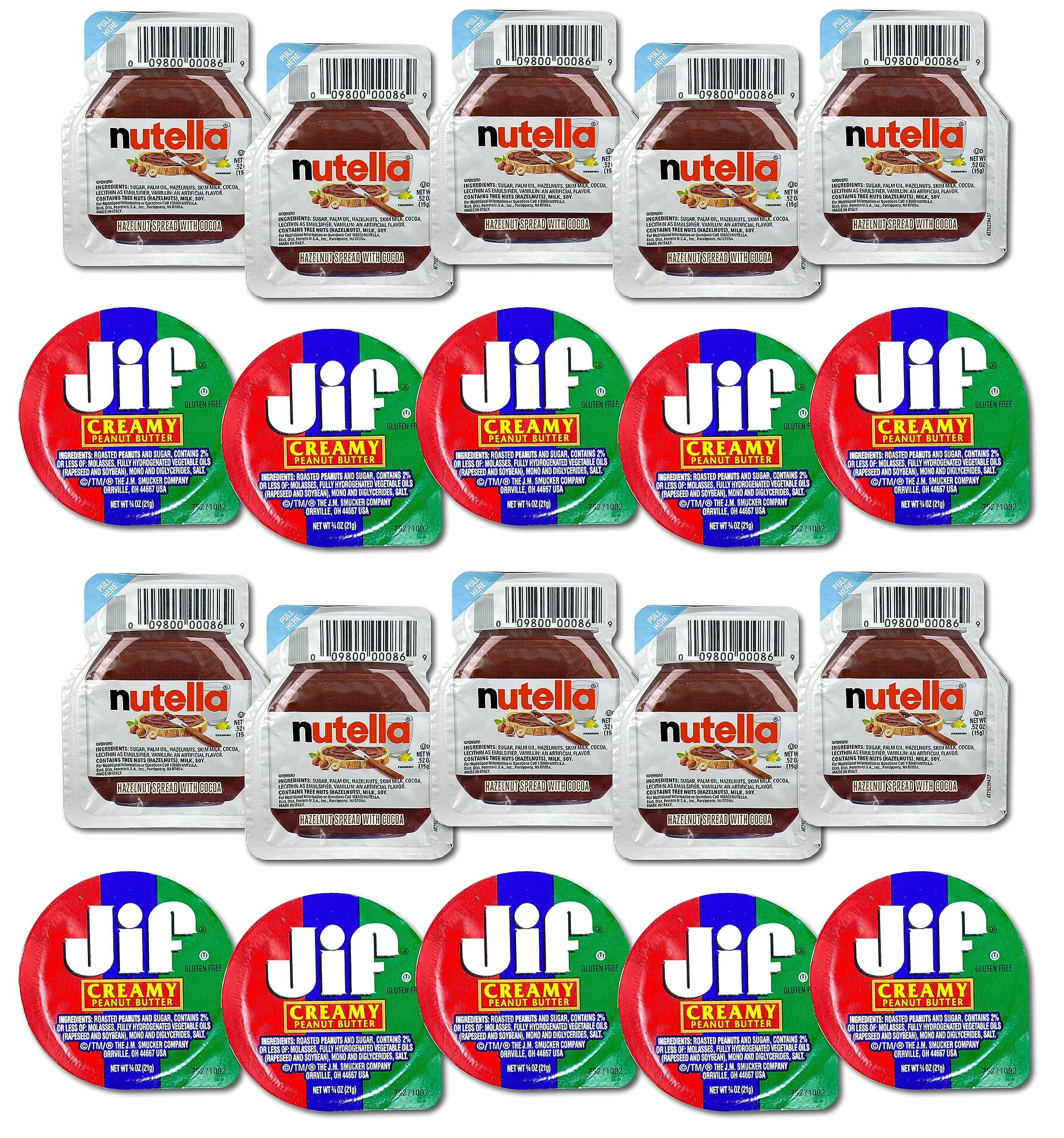Nutella Chocolate Hazelnut Spread, 0.52 oz and Jif Peanut Butter .75oz Single Serve Cups Variety Pack Portion Control Packs, School Lunch Boxes, Work Office Breakrooms (20 Pack)