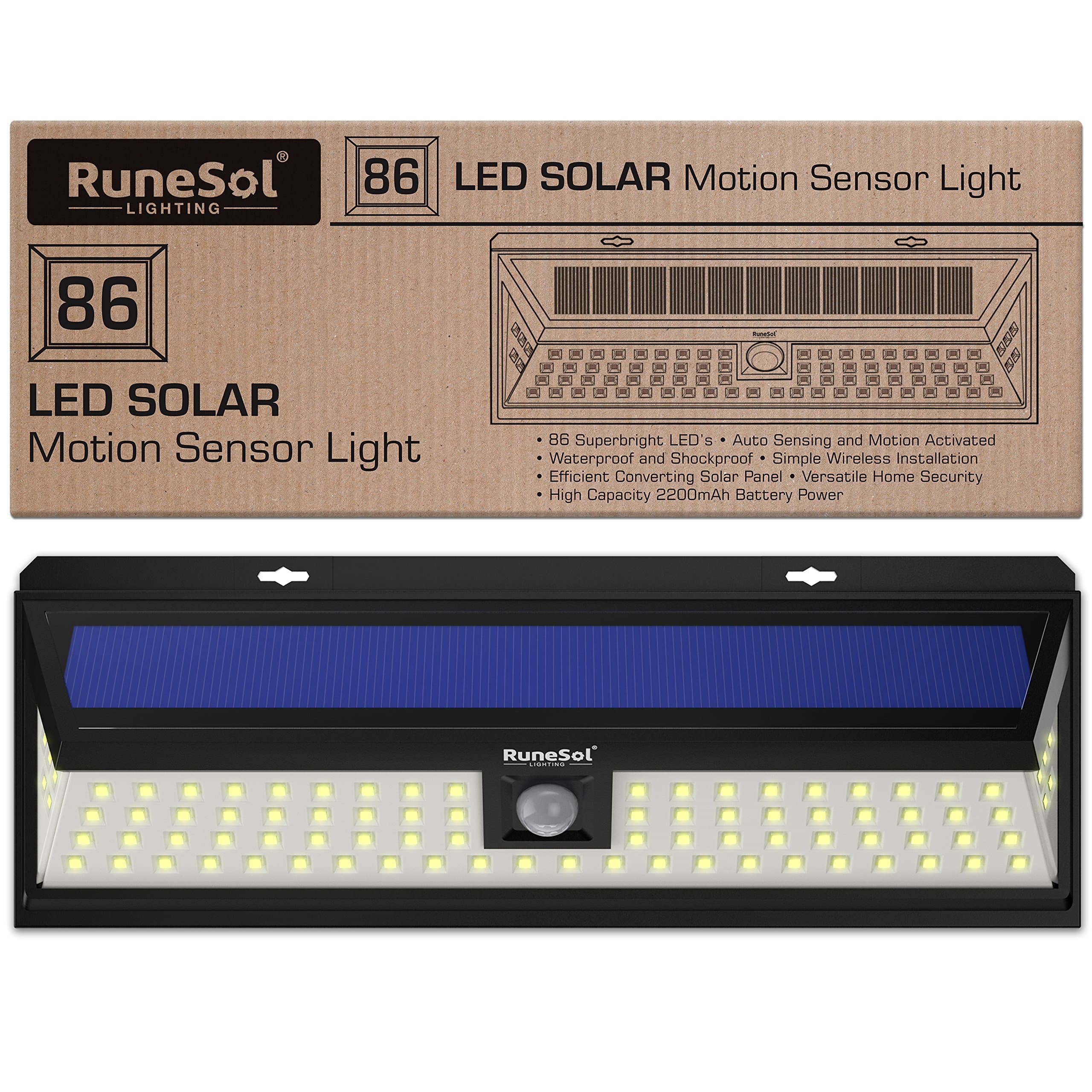 RuneSol 86 LED Motion Sensor Solar Powered Light | LED Garden Lights - Light Your Patio, Fence, Garden, Driveway | Security LED Panel Solar Lighting