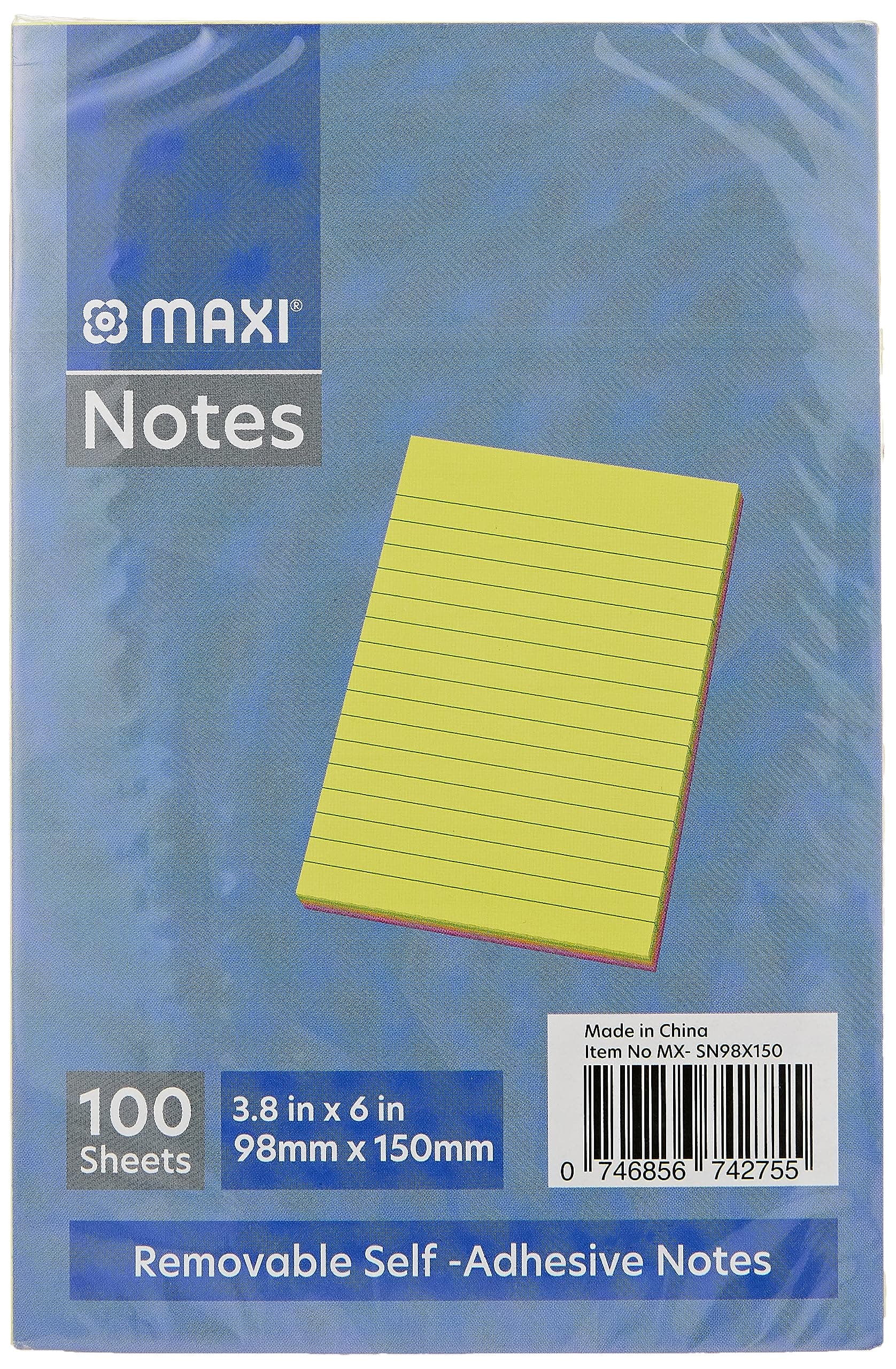 MAXI STICKY NOTES 98X150MM 5X20 RULED ASSORTED 100 SHEETS