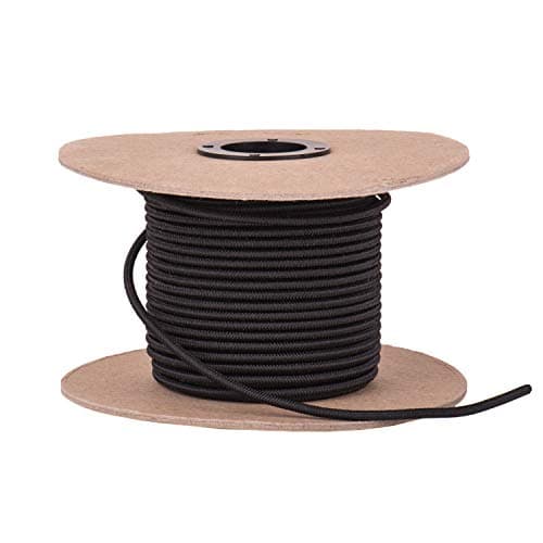 Elastic Bungee Cord. 3/16", 3/8", 1/4", 5/16", 1/8". 50 and 100 Foot Spools. Weather and Abrasion Resistant. Used for Tie Downs, Crafting, DIY Projects. Black Shock Cord. Made in The USA