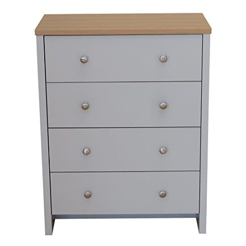 devoted2home Chest of Drawers Grey with Oak Top Panel and Satin Metal Handle, Wood, 4 Draws Tall Wide Cheap Bedroom Furniture, 33.0 x 66.8 x 75.2cm. Great Hallway, Dining and Living Room Storage Cabinet