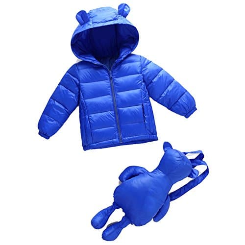 Poliking Unisex Kids Winter Warm Solid Color Soft Down Jacket Hoodie With Little Bear Backpag (Navy, XL(7-8Y))