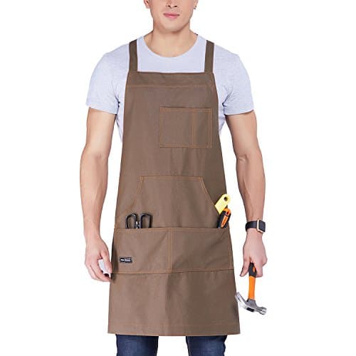Clya Home Waxed Canvas Work Apron, Heavy Duty Tool Apron with big pockets,Cross-Back Straps Shop Apron Adjustable M to XXL for Women and Men (Brown)