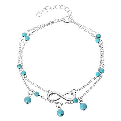 Double Anklet Boho Chain Beach Barefoot Sandal Charm Bead Ankle Bracelet (Silver)