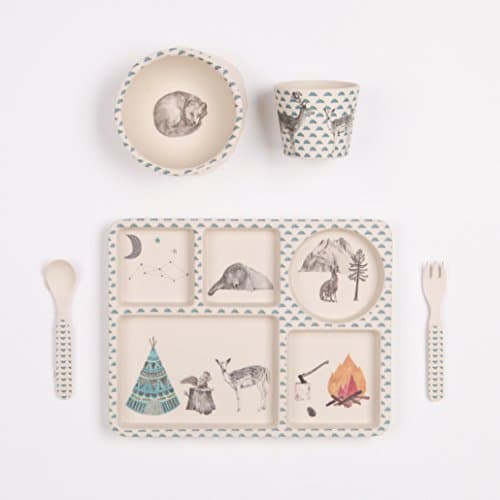 Love MAE - 5pc Bamboo Dinner Set - Sectioned Plate/Cup/Bowl/Cutlery - Forest Feast