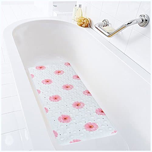 Bathtub and Shower Mat Extra Long 97×36 CM Machine Washable,Non Slip,Anti Bacterial,Large for Bath Clear Flower