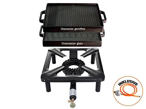 Hob without Safety Pilot with 8.5 KW power; dimensions: 30 x 30 x 15 CM and Gusseisengrillplatte 32 x 32 CM Includes gas hose &Regler