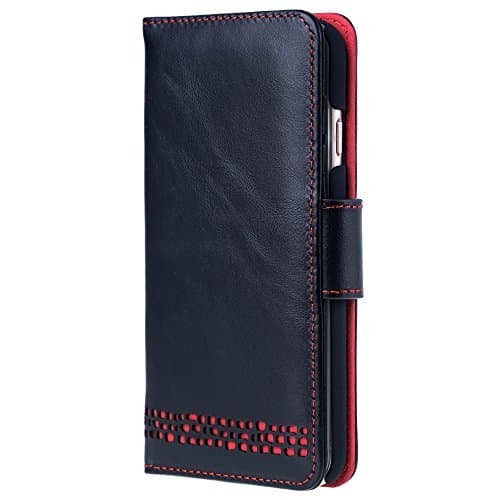 Ed Hicks Wallet Case for iPhone 6 6S - Vintage Black Genuine Leather with Red Accents