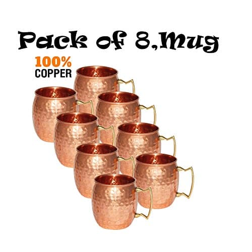 Solid Copper Moscow Mule Mug - Set of 8 Mugs - No Lining - 100% Pure Copper - Hammered Type Copper Mug - 45 cL Capacity - Great for Any Chilled Beverage! Brilliant for Entertaining & Your Home Bar Cart! Unique Barware Gifts for Women & Men (8 Mugs)