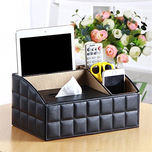 Yiliay Modern Design Desktop Leather Storage Box Office Storage Tissue Box-Black/L