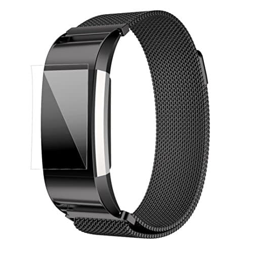 For Fitbit Charge 2 Watch Strap,Amoyl Milanese Loop Magnetic Closure Stainless Steel Bracelet WristBand with Interlock Clasp and Metal Lugs for Fitbit Charge 2 Smartwatch (Black)