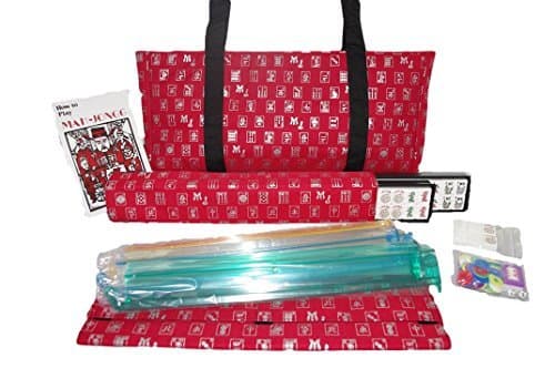 Mah Jongg Full Set Red Designer Logo Soft Case with 166 White Tiles and Four Color Pusher Racks