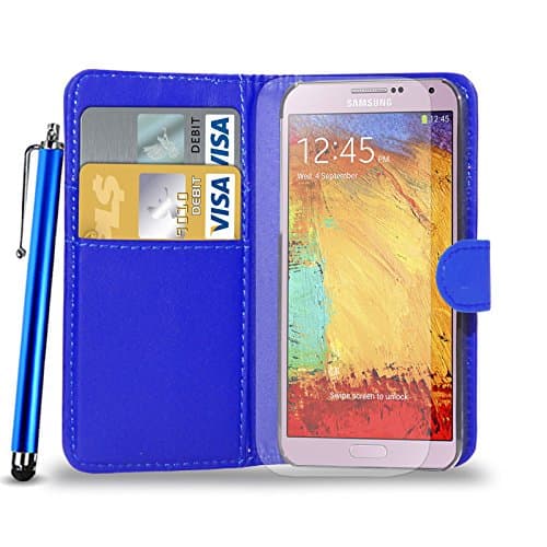 Samsung Galaxy Note 3 Leather Wallet Flip Case Cover Pouch & Touch Stylus Pen + Screen Guard & Cleaning Cloth - BLUE