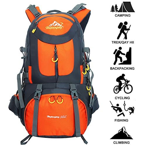 50L Backpack Travel Outdoor Backpack/Hiking Backpack/Camping Backpack Waterproof/Packable Long Lasting, Climbing, Mountain Climbing, Fishing, Camping, Cycling Traveling, Orange 50L